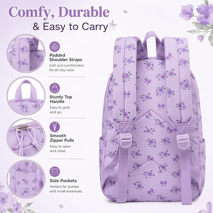 LEDAOU Kids Backpack for Girls Backpacks with Lunch Box, Lightweight Bookbag Set Elementary Middle School Back pack for 8-14
