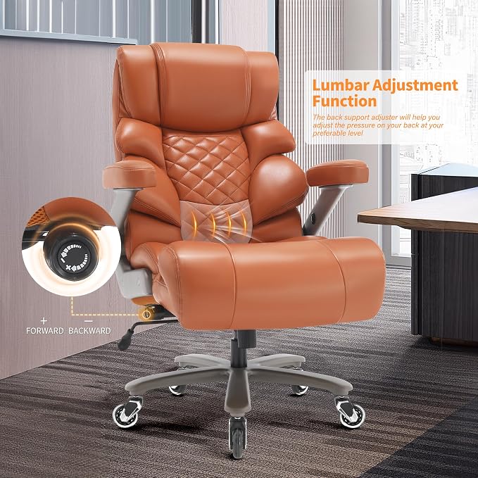 VUZI 700lbs Big and Tall Office Chair, Large Executive Leather Desk Chair | Adjustable Lumbar Support for Back Pain, Plus Size Wheels, 3D Flip Arms, Heavy Duty Metal Base, Wide Seat Computer Chair