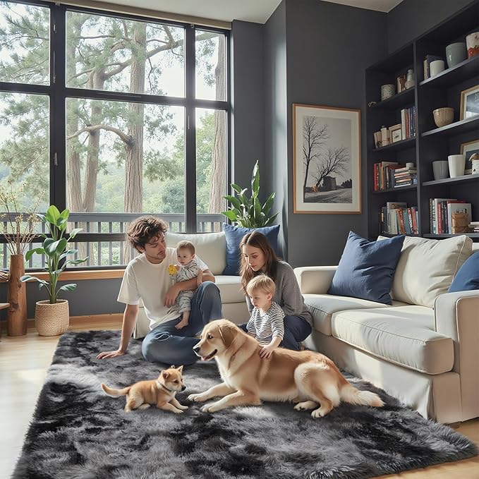Rugs for Living Room 6x9, Alfombras para Salas Shag Large Plush Soft Area Rug, Shaggy Carpets for Bedroom, Home Decor Aesthetic(Dark Grey Tie-Dyed, 6 x 9 Feet)