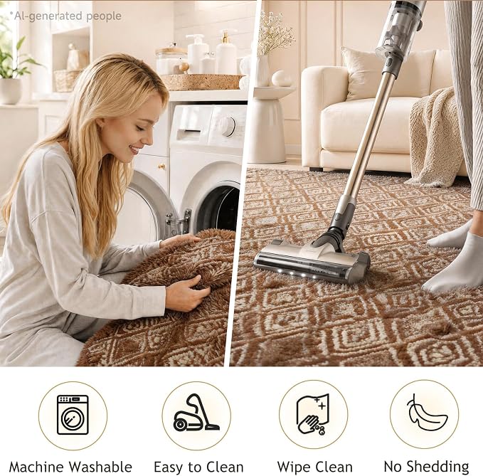 Ophanie 9x12 Brown and White Diamond Striped Rugs for Living Room,Large Fluffy Shag Fuzzy Plush Soft Carpets,Shaggy Rug for Bedroom,Carpet for Kids Boys Girls Dorm Decor with Over 99 pcs Pile fibers