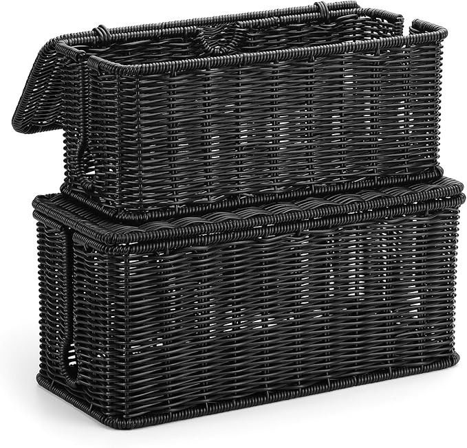 ZhiYo Rattan Cable Management Box, Black Cord Organizer, 12.5" x 5" x 5.2" | Handwoven black imitation rattan cord hider box conceals power strips and cables for a clean desk or floor setup