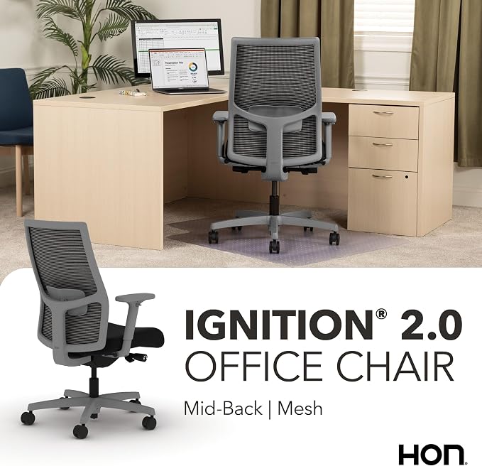 HON Ignition 2.0 Mid‑Back Ergonomic Office Chair, Mesh Task Seating with Lumbar Support, Advanced Synchro‑Tilt, Height and Width Adjustable Arms, Titanium Frame, Black