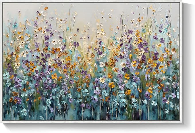 Framed Abstract Floral Wall Art, Blue Purple Green Flower Landscape Canvas Painting Prints, Modern Farmhouse Nature Colorful Wildflower Abstract Botanical for Living Room Bedroom Kitchen Decor, 24x36