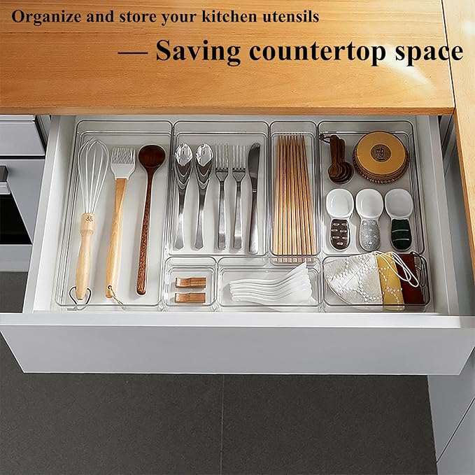 16 Pcs Upgraded Extendable Clear Drawer Organizer, Adjustable Vanity Storage Box, 3-Size Desk Drawer Organizer, Durable Storage Bins for Makeup, Cosmetic, Bedroom Dressers Tool Organizer for Gadgets