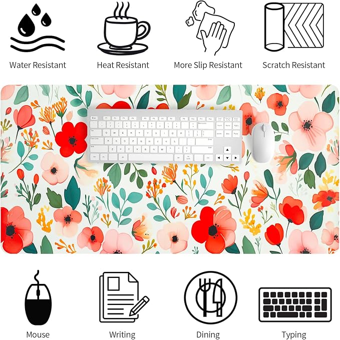 Bloss Red Floral Desk Mat for Desktop, Leather Desk Mat with Ink Painting Like, Red Flower Keyboard Mat, Women Girls Gift(31.5" X 15.7")