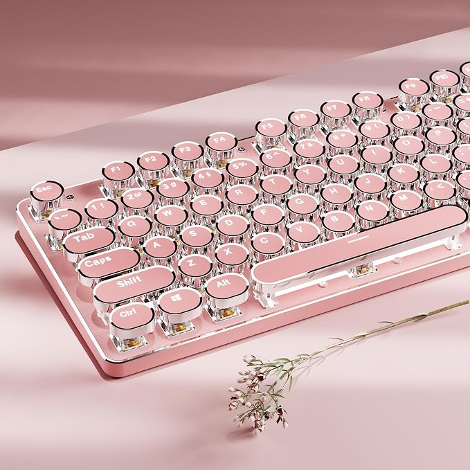 TK950 Typewriter Wireless Mechanical Keyboard, Aesthetic Tri-Mode Bluetooth/2.4G/Wired Retro Punk Typewriter Keyboard with White Backlit, Blue Switch, Round Keycaps for Laptop/Mac/iPad/Win, Pink