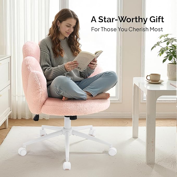 VINGLI Lovely Petal Vanity Desk Chair with Star Pillow, Height Adjustable Armless Swivel Chair in Vibrant Color-Blocking, Modern Computer Task Chair for Bedroom & Home Office, Teddy Fleece,Pink