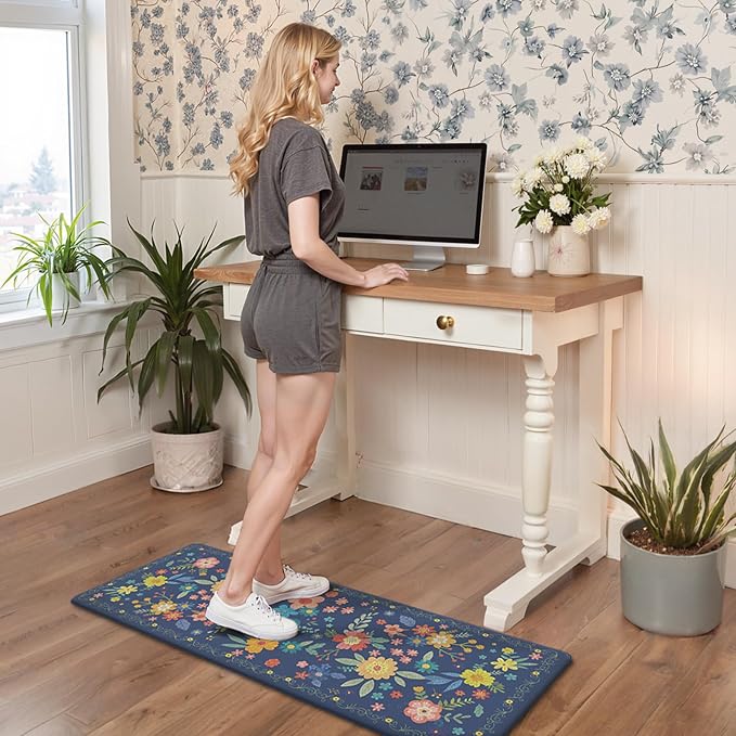 GENIMO Anti Fatigue Kitchen Mats for Floor 2PCS, Cushioned Standing Mats | 17.3"x47"&17.3"x30", Navy vintage floral rug set, waterproof, non slip, easy-clean for farmhouse