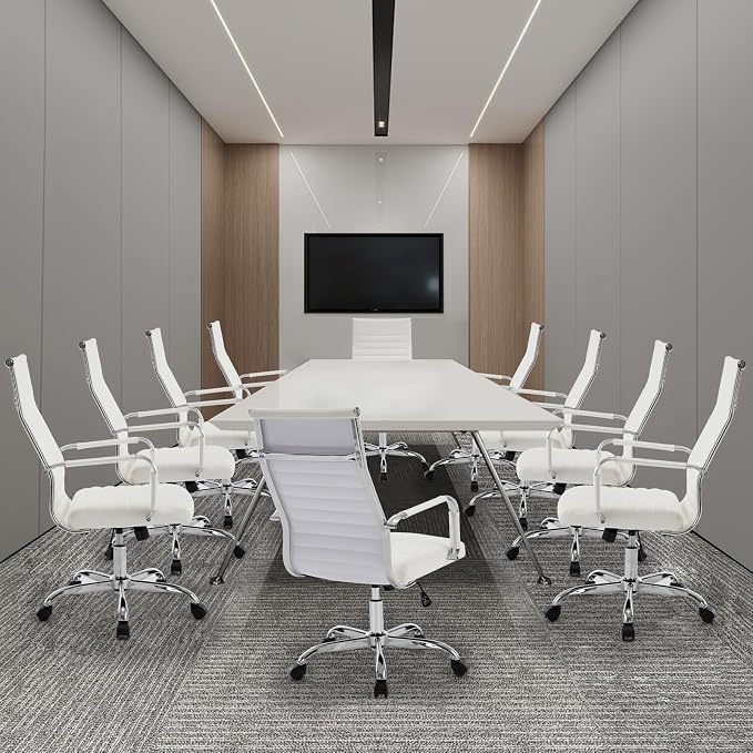 Office Chair, Ergonomic Executive Conference Room Chairs, Ribbed Leather Desk Chair with Lumbar Support, Adjustable Height Mid-Back Swivel Chair with Padded Seat