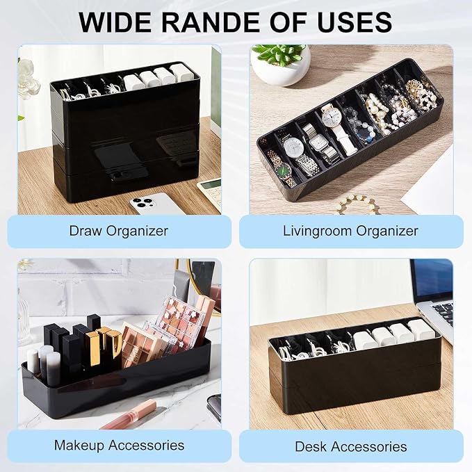 Tatuo 4 Pcs Cord Organizer for Drawer Desktop, Cable Organizer Box with 8 Compartments and Wire Ties, Plastic Charger Storage with Lid, Electronics Case for Home Office Accessories (Small,Black)