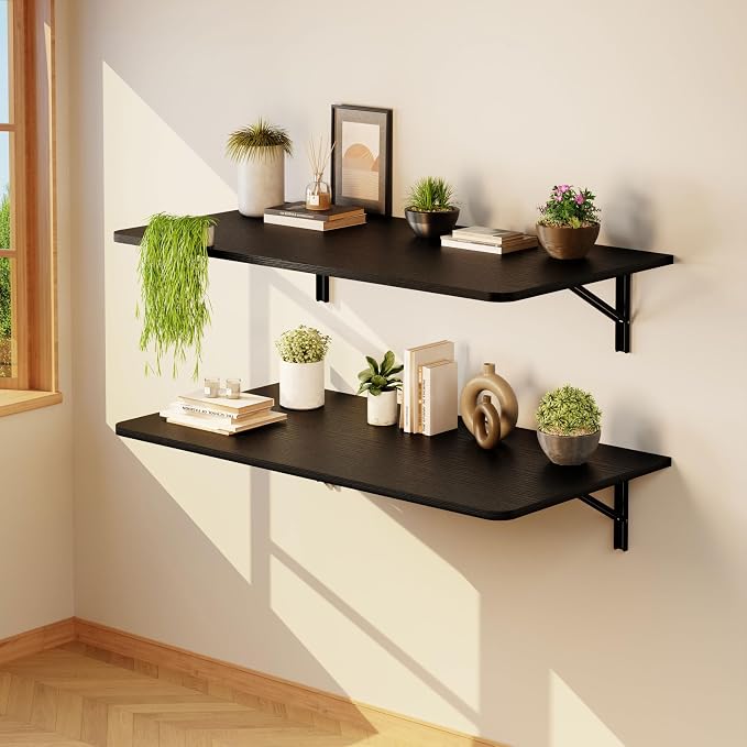 IAE Wall Mounted Floating Foldable Desk, 36" x 22" Folding Computer Workstation Table with Engineered Wood and Metal Shelf Brackets,Fold&Floating Design for Home Office, Apartment,Laundry Room,Black
