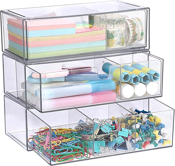 Acrylic Pencil Drawer with Removable Dividers Clear Pull Out Pen Drawer Organizer Stackable Bathroom Organizer for Makeup, Cosmetics, Office Supplies,3 Pack