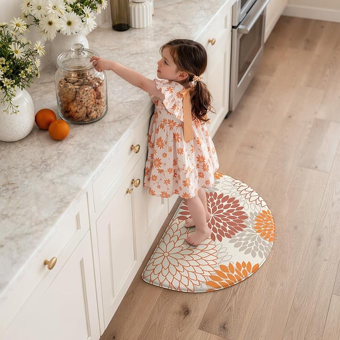 KIMODE Half Circle Fall Kitchen Mats for Floor Cushioned Anti Fatigue Rug | 18" x 28", Dahlia Floral,Fall Kitchen Rug Non Slip,Waterproof Kitchen Carpet Decor Standing Mat for Sink Laundry Bathroom