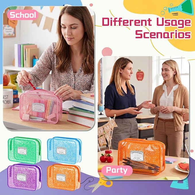 Suclain 12 Pack Back to School Gift for Teacher, Colorful Composition Book Theme PVC Zipper Organizer Pouches, 7.9 × 5.9 × 2.4 in Storage Bags for Classroom Rewards Teacher Student Gift