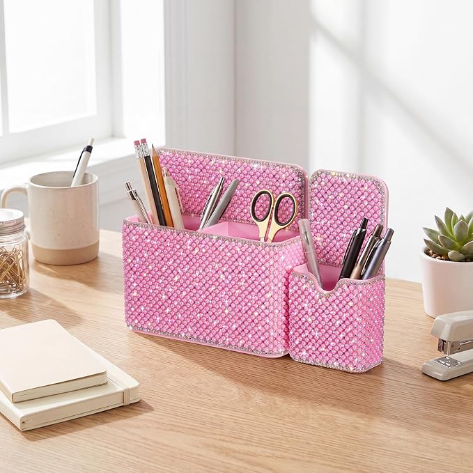 MotiMind 2 Pcs Pink Bling Magnetic Marker Holder Women Girl Locker Accessories Marker Pen Pencil Holder for Refrigerator Whiteboard Sparkly Gift Desk Organizer for School Office (Pearl)
