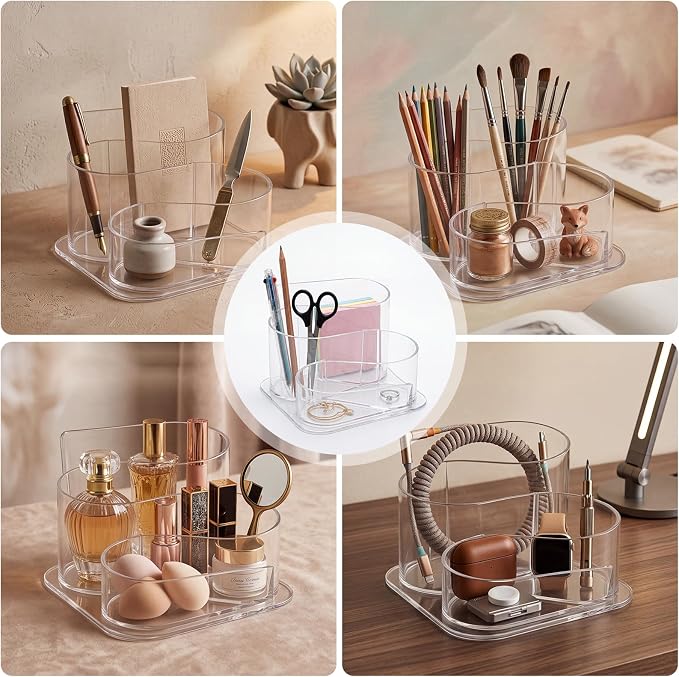 Desk Top Organizer, Aesthetic Pen Pencil Holder | for Desk, Small Office Teacher Desktop Organizers and Accessories (Clear)