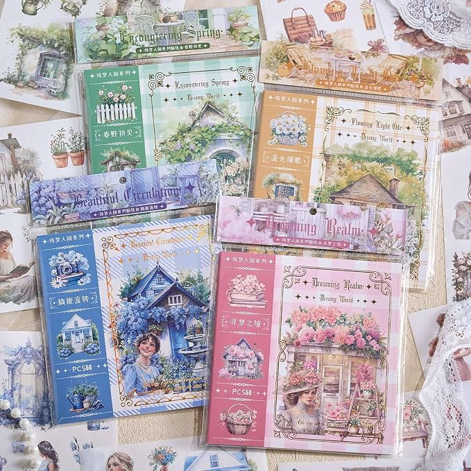 YagCu Garden Journaling Stickers, 50 Sheets Washi Junk Journal Sticker Book, Scrapbook Supplies, Watercolor Scrapbooking for Adults, Pink Decorative Ephemera Arts Craft