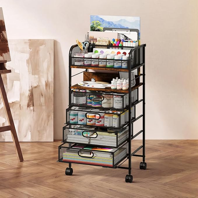 Rolling Art Cart with 4 Drawers, Rustic | Art Supplies Organizer, 5-Tier Storage, Adjustable Dividers, Anti-Pull Mesh Drawers, Metal Frame, 4 Casters with 2 Locks