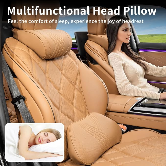 Lumbar Support Pillow for Car Seat, Office, Palomino Brown, 1PC | Leather Lumbar Pillow Memory Foam Lower Back Cushion for Back Pain Relief Improve Posture, Ergonomic Back Rest Gaming Chair