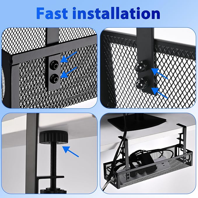 Under Desk Cable Management Tray Small – Clamp-Mounted Wire Organizer & Cord Management Under Desk Rack, No-Drill Metal Cable Organizer for Home Office (Black)