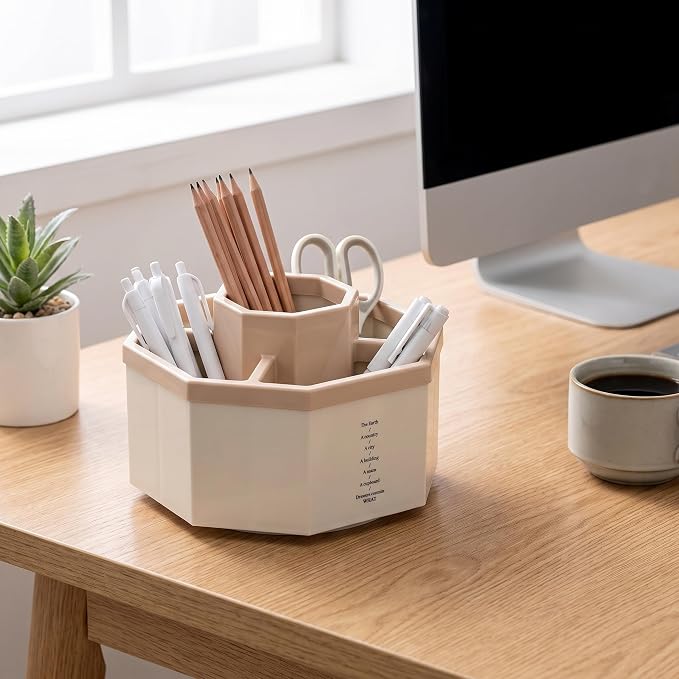 Jekelife 360 Degree Rotating Pen Holder,5-Compartment Desk Organizer,Pink | Compact 5-compartment pen organizer rotates smoothly to store writing tools, craft supplies and small desk accessories.
