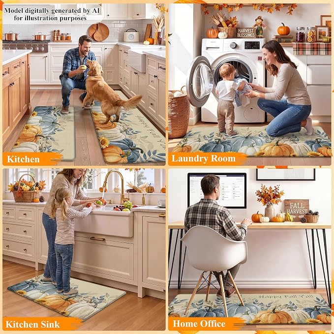 HEBE Fall Kitchen Mat Set of 2, Anti Fatigue Pumpkin Kitchen Mats for Floor | Cushioned Non Slip Autumn Kitchen Rugs and Runner Set, Waterproof Sunflower Maple Leaf Floor Carpet for Harvest Thanksgiving
