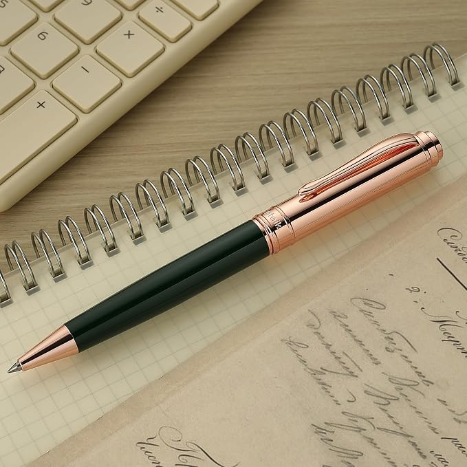 MCNTEIK Luxury Gel Pen, Top Set With 8mm Brilliant Diamond,Dark Green Pen Body,Attractive Rose Real Gold Finish, Black Refill,Elegant Gift Pen For Women, Executive, Fancy, Graduation, Nice Pens