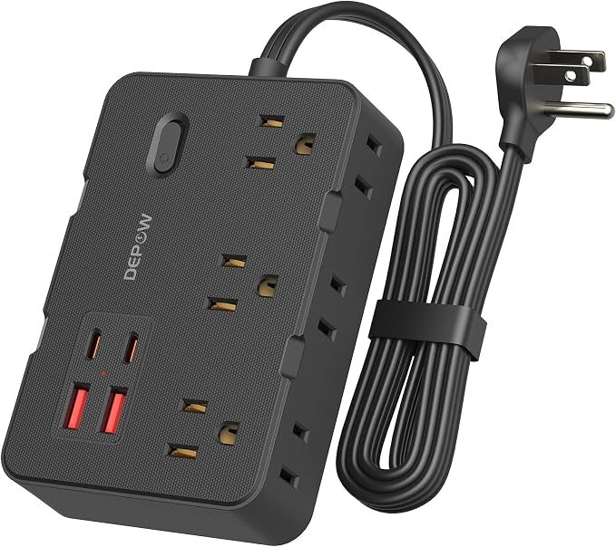 DEPOW Surge Protector Power Strip, 3 FT Extension Cord with 6 AC Outlets 4 USB Ports,1050J Surge Protection, Wall Mountable Charging Station for Office, Home, Black