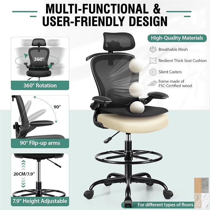 AtHope Drafting Chair, Tall Office Chair with 3D Lumbar & Head Support | Ergonomic Mesh Standing Desk Chair with Footrest Ring, Comfy Extended High Desk Chair with Flip-Up Arms & Hanger, Black