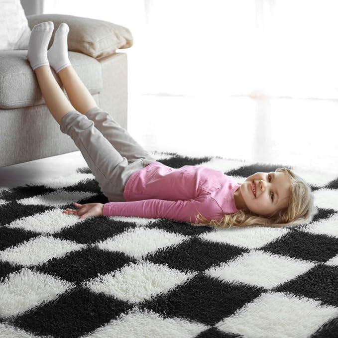 KICMOR Black and White 3x5 Rugs for Bedroom Bedside, Fluffy Soft Checkered Shag Area Rug Fuzzy Shaggy Small Living Room Carpet, Plush Throw Rug for Kids Boys Girls Dorm Nursery Home Decor Aesthetic
