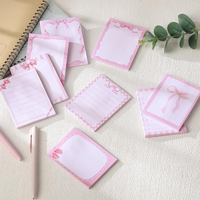 Coquettte Pink Bow Sticky Notes - 9 PCS Pink Post It Notes Coquettte School Supplies Aesthetic Self Stick Note to Do List Memo Pads Office Stationery for Women Girls Girly 3x3 Inches