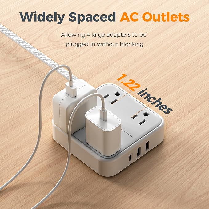 TESSAN Surge Protector Flat Extension Cord 5Ft, Flat Plug Power Strip with 4 Outlets 3 USB Ports (1 USB C), 1875W 15A, 900 Joules Protection, Multiple Wall Outlet Extender Suitable for Home, Grey