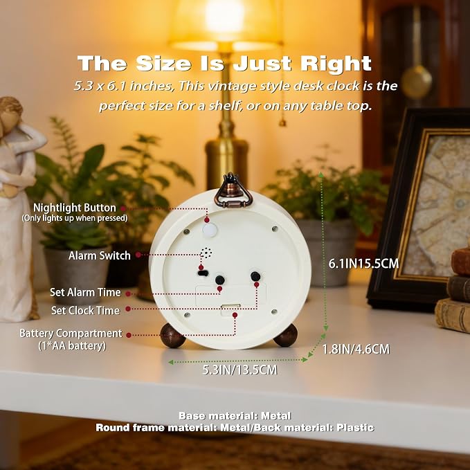 AYRELY® 5.3" Vintage Metal Analog Alarm Clock, Retro Desk and Table Clock | Antique Battery Operated Clock with Light, Elegant Bedside Gift for Bedrooms, Living Rooms, Shellf and Home Decor (White)