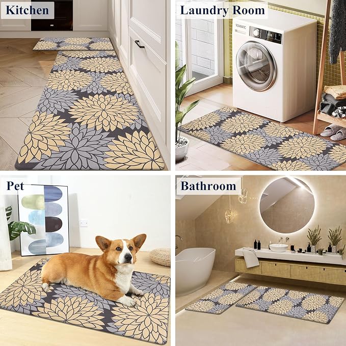 HEBE Anti Fatigue Kitchen Rugs Set of 2, Cushioned Kitchen Mats for Floor | Non Slip Washable Kitchen Runner Rug Set, Floral Stain Resistant Waterproof Comfort Mat Carpet for Sink, Standing Desk