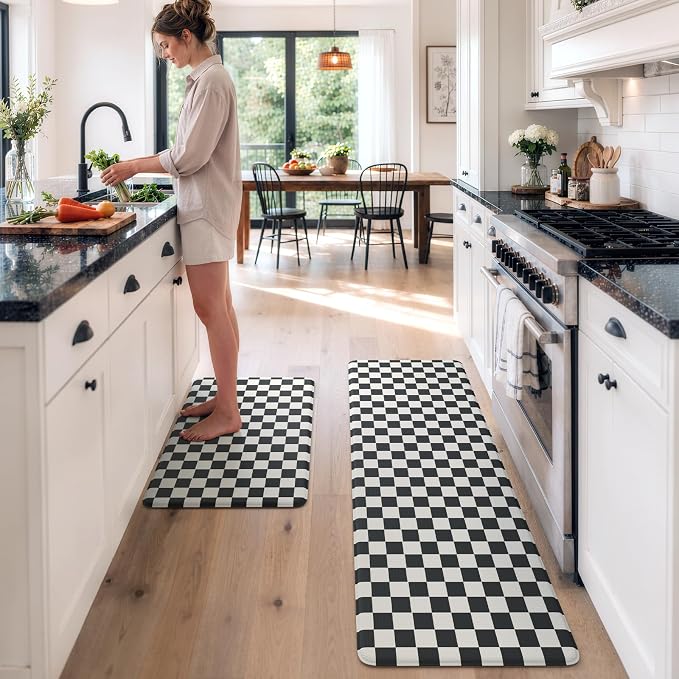 KIMODE Anti Fatigue Mats for Kitchen Floor,Checkered Kitchen Rugs Sets of 2 | 20"x59"+20"x32" Farmhouse Kitchen Floor Mats Non Slip, Cushioned Laundry Room Rug, Plaid Standing Desk Mat for Office Dorm