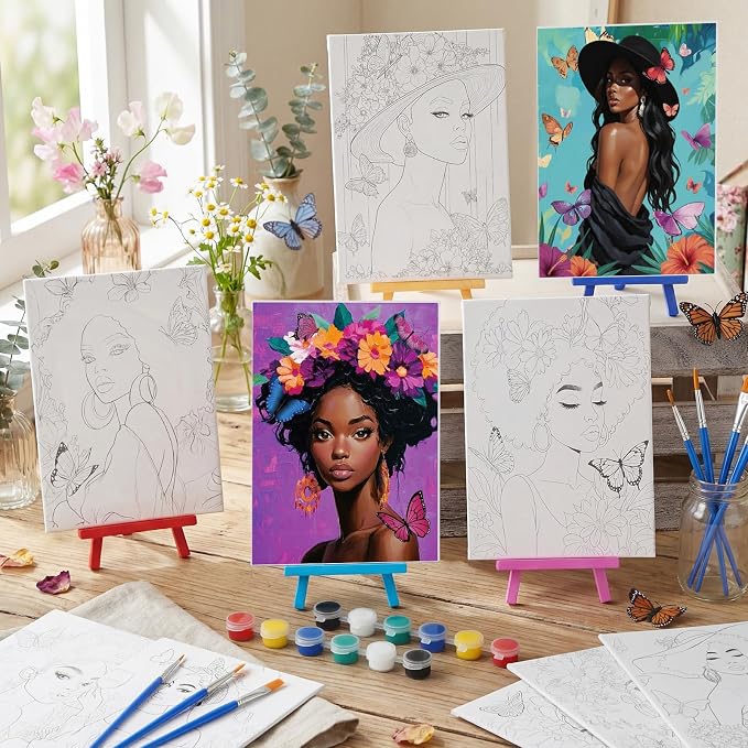 Blosssound 10 Set Pre Printed Canvas Pre Drawn Canvas Painting with Easel Kits 5" x 7" Outline Painting Panels for Beginners, DIY Craft Project, Party Favor, Home Decors(Flower Lady)