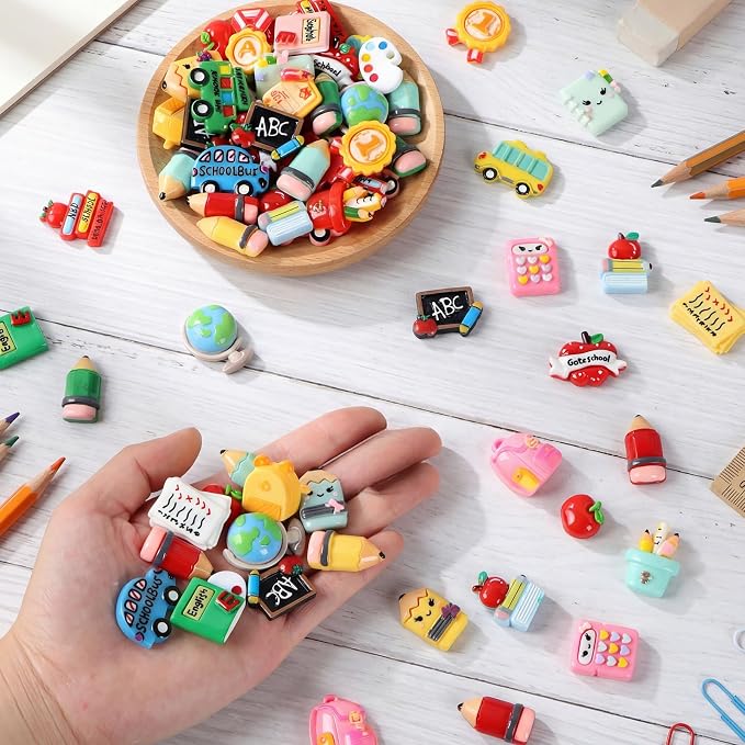 Giegxin 40 Pcs Back to School Resin Charm Pencil Book Blackboard Flatback Cabochon Accessories Cute Embellishments Bulk for Jewelry Cellphone Case Scrapbooking Headband Photo Frame DIY Craft Making