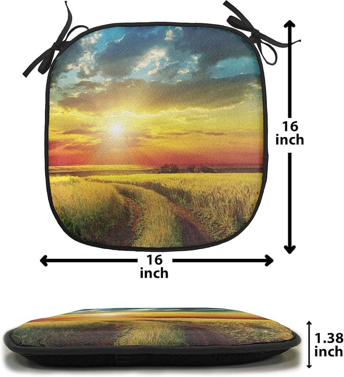 Lunarable Rural Chair Cushion Pads Set 12, Sunset Over Field Sun Bursting Through Colored Dramatic Clouds Scenic Picture, Anti-Slip Seat Padding for Kitchen & Patio, 16"x16", Orange and Yellow