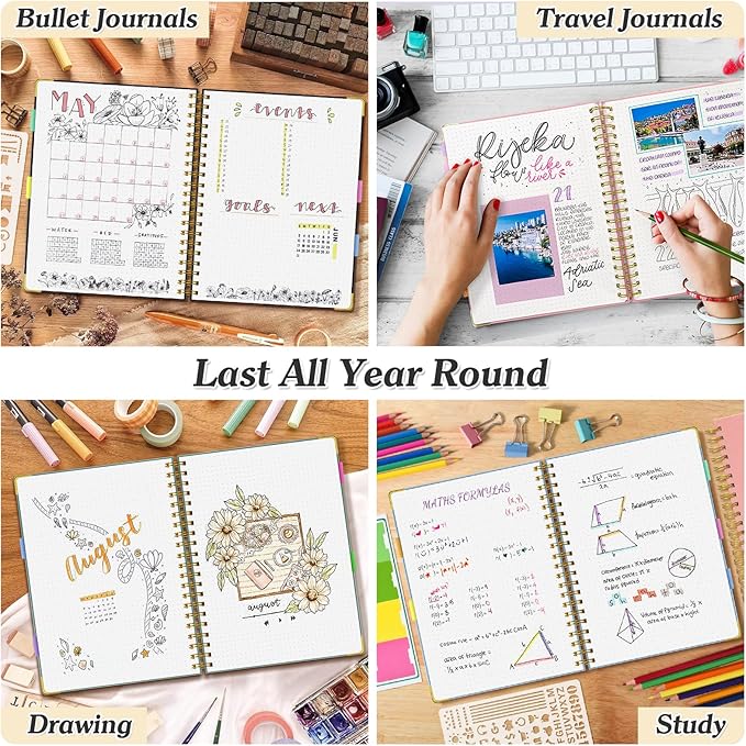 Bullet Dotted Journal Spiral Notebook, 300 Pages Leather Notebooks with Contens, 120 GSM Thick No Bleed Through Paper Journals, A4 Dot Grid Notebook for Women Men Work Writing, 8.5" x 11", Light Blue