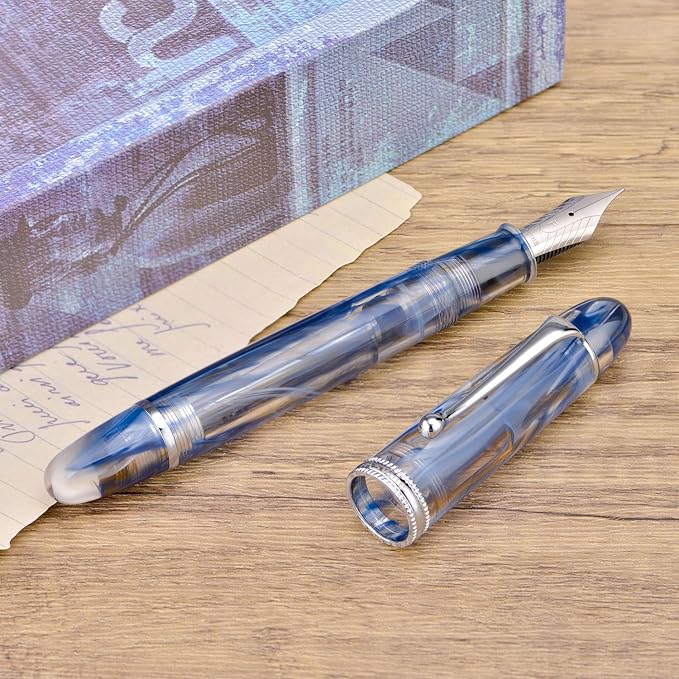 Asvine V800 Fountain Pen – Vacuum Filling System with Large Ink Capacity – Smooth Number 8 Medium Nib with Gift Case and Wrench – Blue Brown