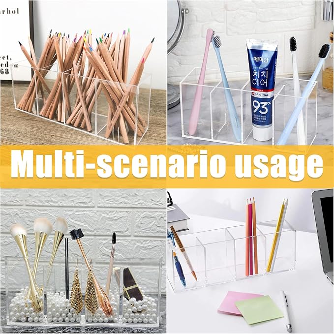 Clear Makeup Brush Organizer,Acrylic Cosmetic Brushes Storage Holder with 4 Slots,Pencil Pen Holder for Desk,Desk Organizer and Accessories for Vanity