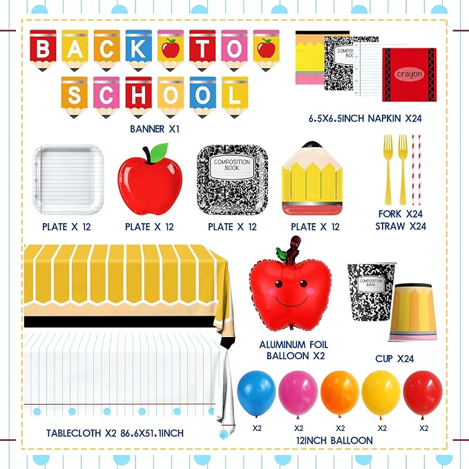 159 Pcs Back to School Decorations, First Day of School Party Supplies Includes Banner Paper Plates Napkins Cups Tablecloths Balloons for Classroom Kindergarten Back to School Party Decor