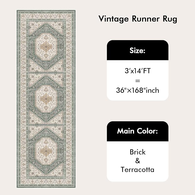 3x14 Runner Rug for Hallway Washable: Non Slip Kitchen Rugs with Rubber Backing Soft Waterproof Mats Stain Resistant Indoor Vintage Carpet Runner for Bedroom Bathroom Laundry Entryway Green/Beige