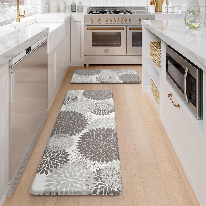 KIMODE Anti Fatigue Mats for Kitchen Floor Cushioned Kitchen Rugs Sets of 2 | 17"x47"+17"x29",Grey,Dahlia Floral Boho,Non Slip Rubber Backing,Waterproof,Wipe Clean,Standing Mat for Office Laundry Sink