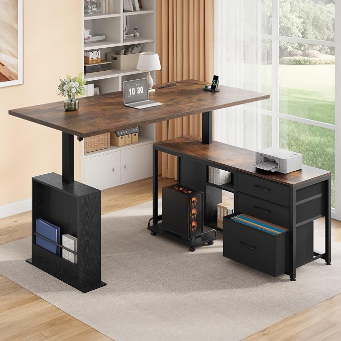 63 Inch L Shaped Desk with 3 Drawers Electric Standing Desks with Storage Computer Table Adjustable Height with Power Outlets 4 Memory Presets for Home Office, Rustic Brown