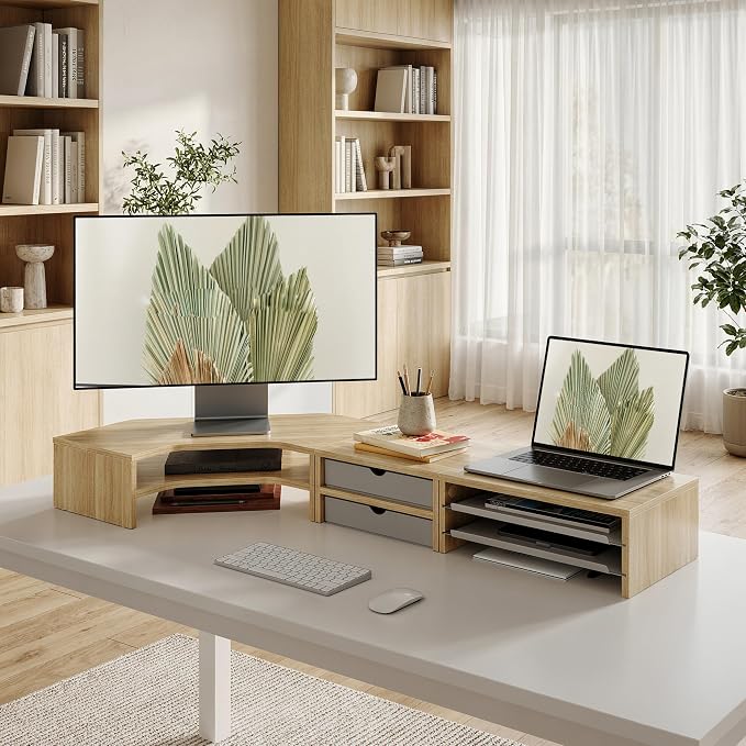Fenge Dual Monitor Stand, Corner Desk Shelf with Drawer & Slide-Out Tray | Modular Design for Flexible Layouts, 2-Tier Storage Desktop Organizer for Computer, Laptop, Printer and Telephone