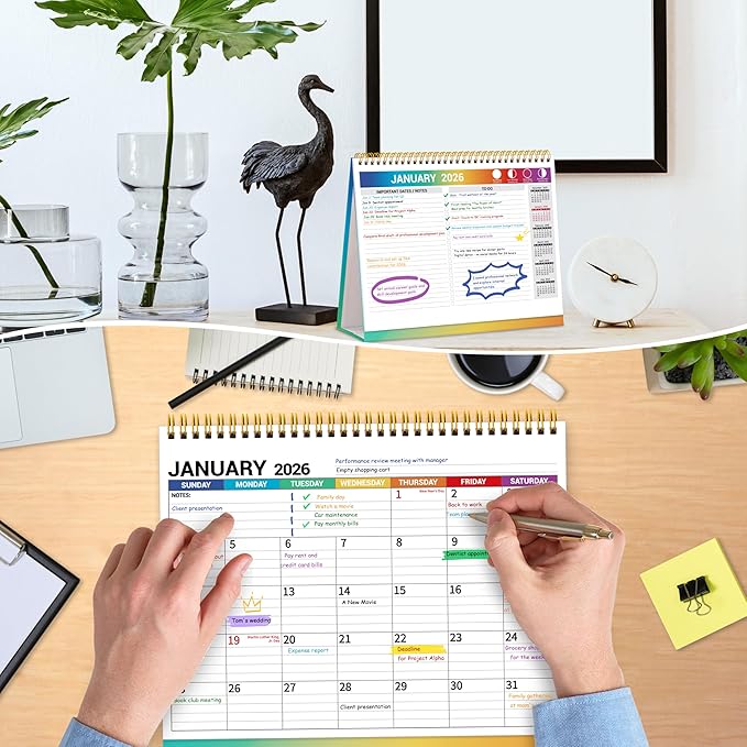 Desk Calendar 2026, Desktop Calendar 2026 Standing flip, 8.5’’ x 11’’, Jan 2026 - Dec 2026, Stand Up Calendar with Memo Pages, Large Ruled Blocks, Holidays, Thick Paper, Great for Home, School, Office