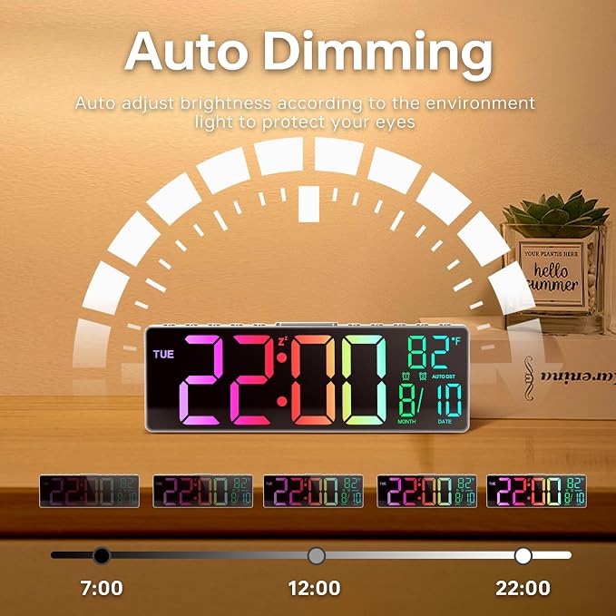 JALL 10.5'' Digital Large Alarm Clock with 8-in-1 RGB Colors, Date, Month, Temperature LED, Auto DST, Modern for Desk, Wall, Living Room, Bedroom, Birthday Xmas Gift, him her Mom Dad Seniors Teen
