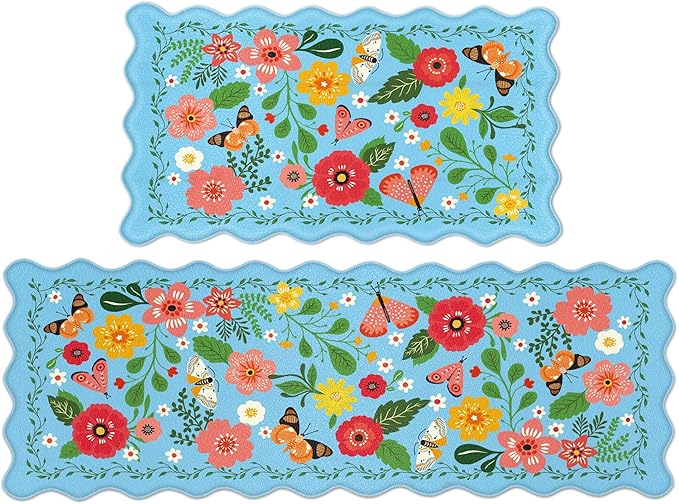 Scalloped Blue Kitchen Mats for Floor 2PC Cushioned Anti Fatigue Kitchen Mats Rugs Waterproof Non Slip Farmhouse Boho Floral Comfort Foam Standing Mat for Sink Laundry