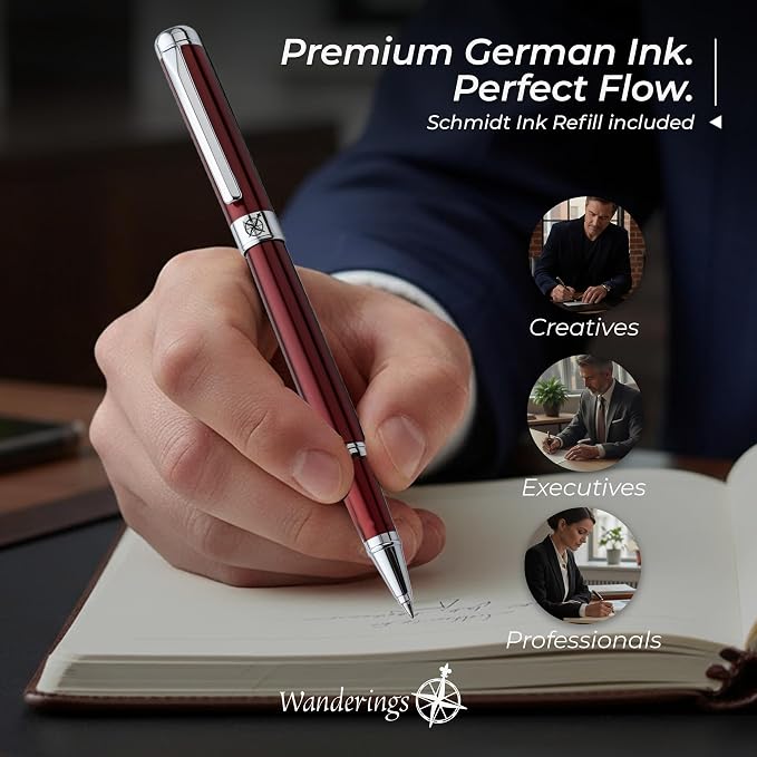 WANDERINGS Premium Rollerball Pen with German Ink – Perfectly Balanced for a Superb Writing Experience, Chrome Accents – Winefire Red - Includes a Schmidt Refill in a Giftable Presentation Case